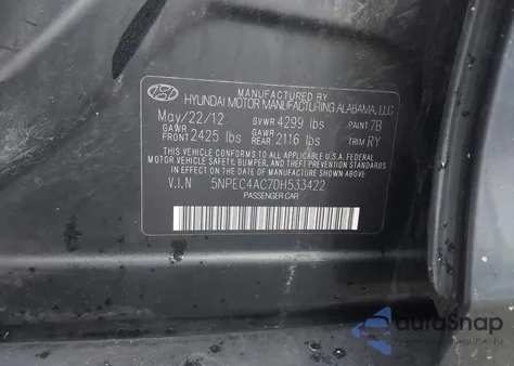 2013 Hyundai Sonata Se from USA, damaged, VIN 5NPEC4AC7DH533422